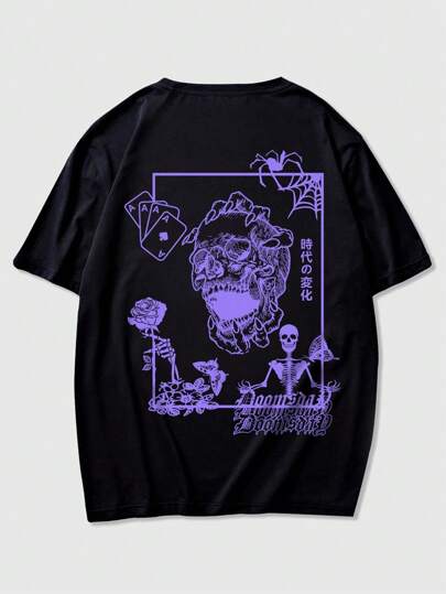 Anime Camiseta con gráfico de calavera y flores para hombres, escolar