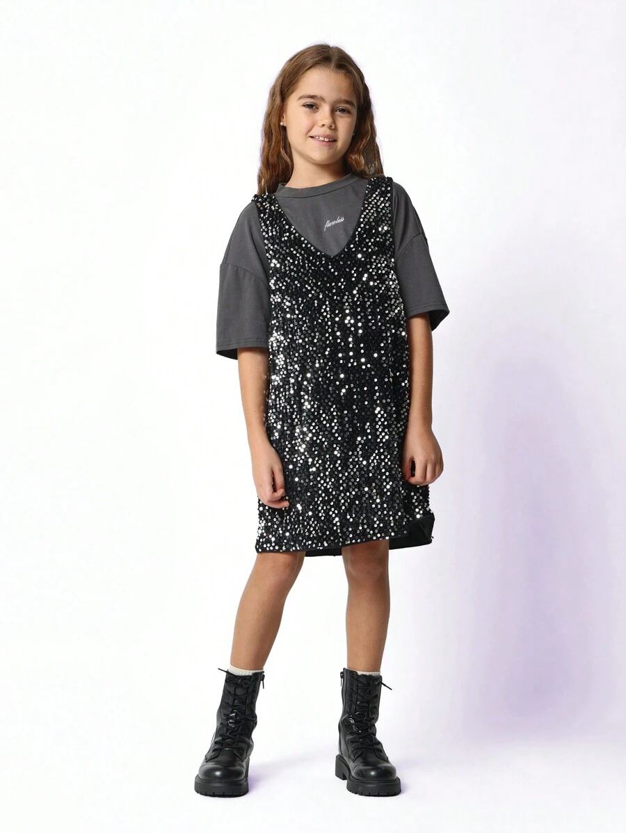 SUMWON Tween Girls Relaxed Crop Tee & Sparkle Dress 2 Piece Set