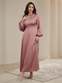 Veilorie 女士优雅纯色灯笼袖连衣裙，秋季端庄款 - 紅木色 - 查看 8