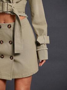 Hauture Casual Solid Twill Button Detail Skirt - Khaki - View 2