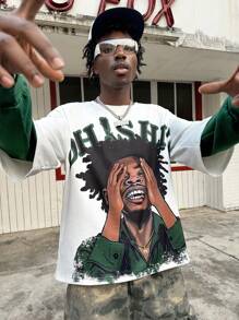 Men's Round Neck Spliced 2 In 1 Sweatshirt With African American Figure And Alphabet/Numeral Print - Multicolor - View 4