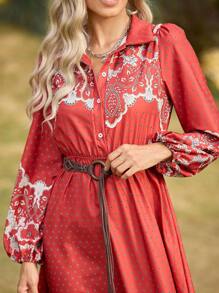 LanaWest Vestido largo casual de mujer de manga larga con botones frontales, plisado y estampado floral para el Año Nuevo