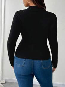 Celure 女式加大码优雅纯色肩部和腰部荷叶边设计长袖 T 恤，百搭时尚，适合秋冬季 - 黑色 - 查看 2