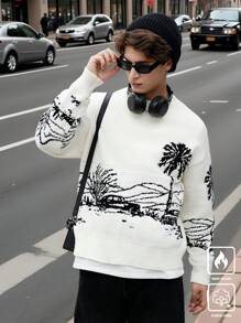 Manfinity Roghcode Men's Fashion Crew Neck Long Sleeve Pullover Sweater With Graphic Color Block Details, Casual Daily Wear, For Going Out, Friends - Multicolor - View 3