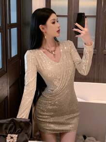 DAZY Women's Ruffle Glamorous V-Neck Sequin Party Short Dress With Long Sleeves Prom Dress Party Women,Mini Dress