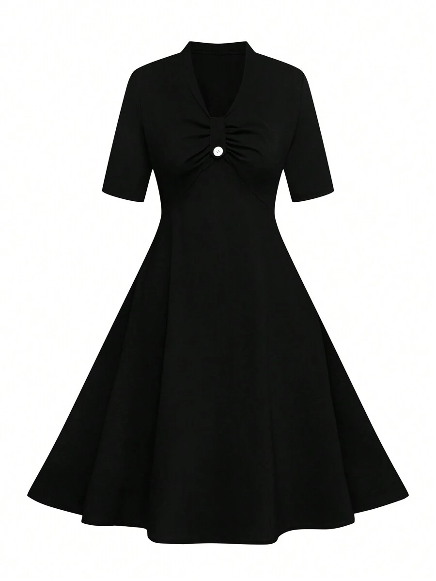 SHEIN LUNE 大码女式 V 领短袖荷叶边黑色优雅复古连衣裙长款女装 - 黑色 - 查看 1