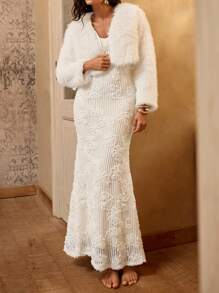 Opulessa Fall And Winter Party Christmas Sexy Party ElegantSolid Color Knit Fitted Dress With Slit For Women,For Autumn And Winter - White - View 6