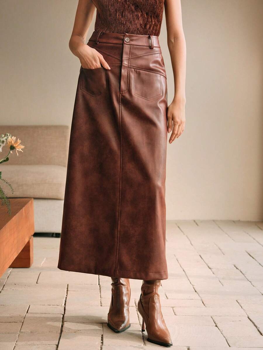 Anewsta PU Leather Mid-Length High Waist Skirt With 2 Pockets, Casual Straight Skirt For Autumn Maxi - Brown - View 1