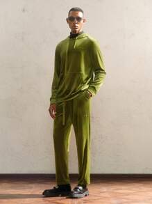 AKNOTIC Party 2pcs/Set Men Loose Knit Dropped Shoulder Hooded Sweatshirt & Pants Set, For Fall Winter