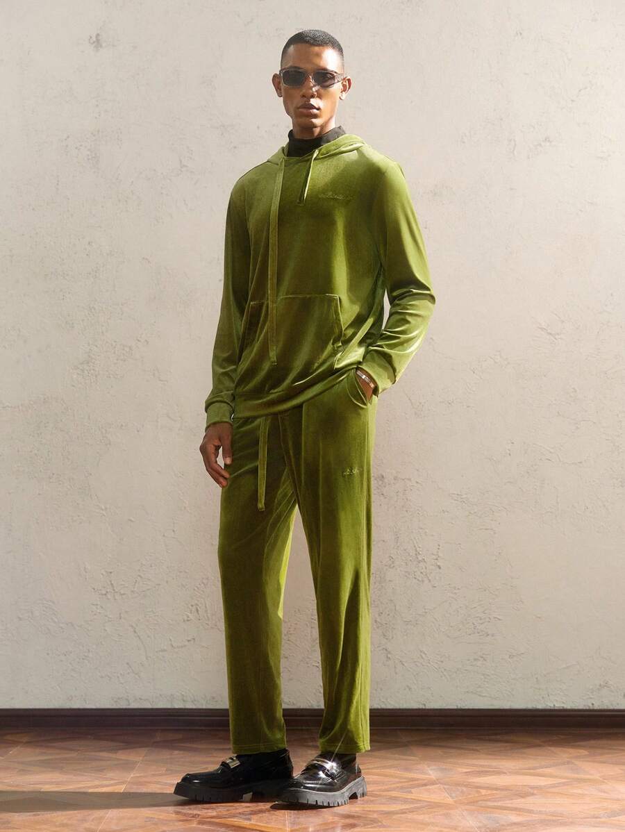 AKNOTIC Party 2pcs/Set Men Loose Knit Dropped Shoulder Hooded Sweatshirt & Pants Set, For Fall Winter