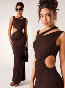 Glamine Vestido asimétrico sin mangas de punto elegante y sexy de color marrón café con escote hueco para mujeres, atuendo largo para otoño/invierno, Año Nuevo y Día de San Valentín