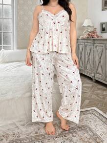 CottageSlumber Set de 3 piezas de bata de terciopelo con adorno de encaje y estampado de cerezas romántico, para otoño/invierno