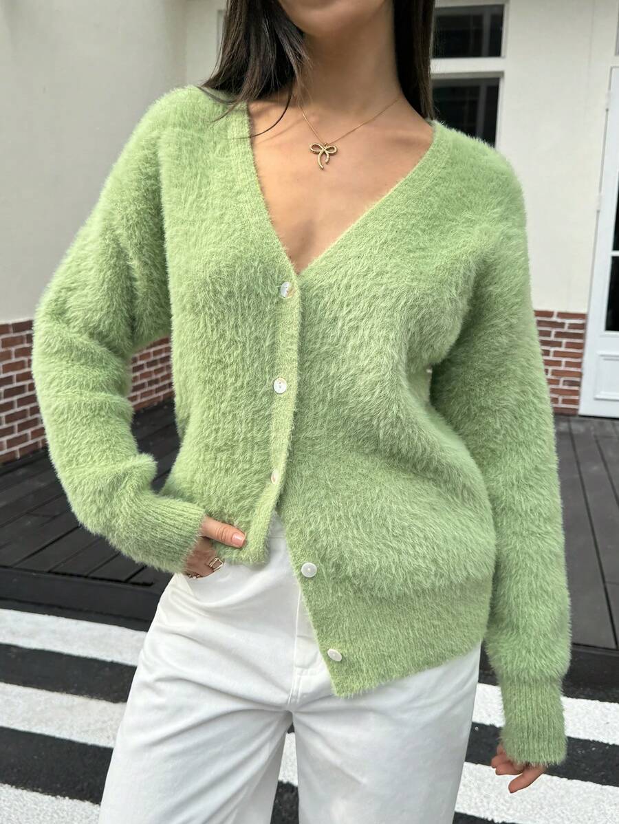 INAWLY Women's Casual Solid Color Cardigan, Autumn/Winter - Mint Green - View 1
