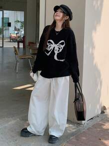 DAZY 女士圆领宽松蝴蝶结图案毛衣，秋装 - 黑色 - 查看 2