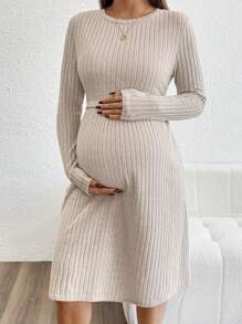 SHEIN Maternity Solid Color Round Neck Ribbed Long Sleeve Nursing Dress - Khaki - View 3