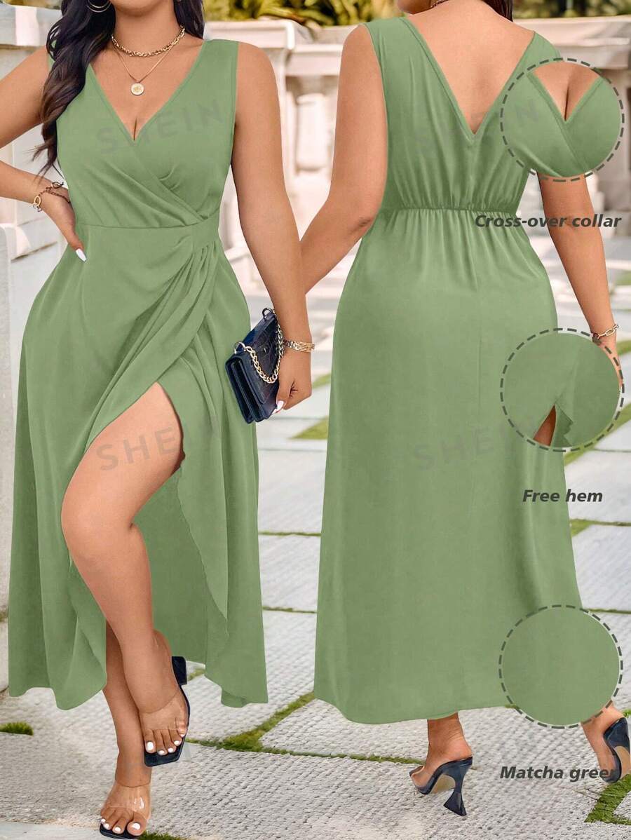 Celure Vestido de talla grande de unicolor y sin mangas con envolvente, vestido largo de mujer de verano