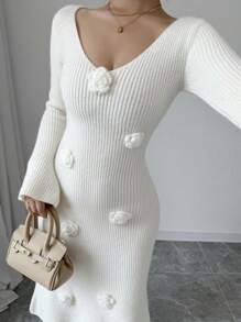 Chiquease Vestido de suéter de manga larga con cuello en V de un solo color confeccionado a mano a ganchillo - Beis - Ver 6