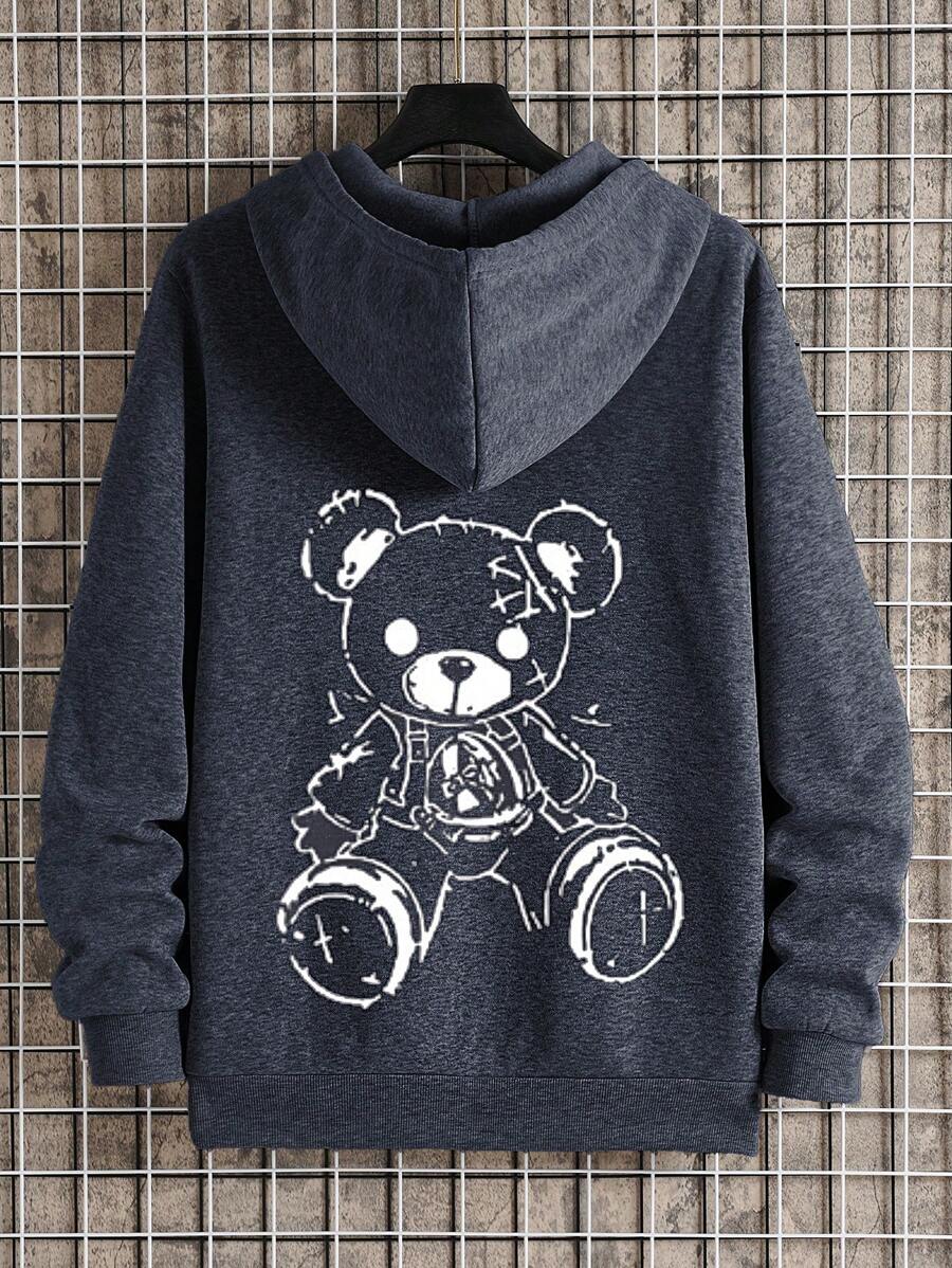RueChic Men Bear Printed Hooded Regular Zip Up Hoodie - Dark Grey - View 1