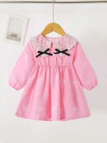 SHEIN Baby Girl 0-3Y Elegant Fashion Loose Bow Design Lace Floral Collar Pink Princess Dress, Autumn/Winter New