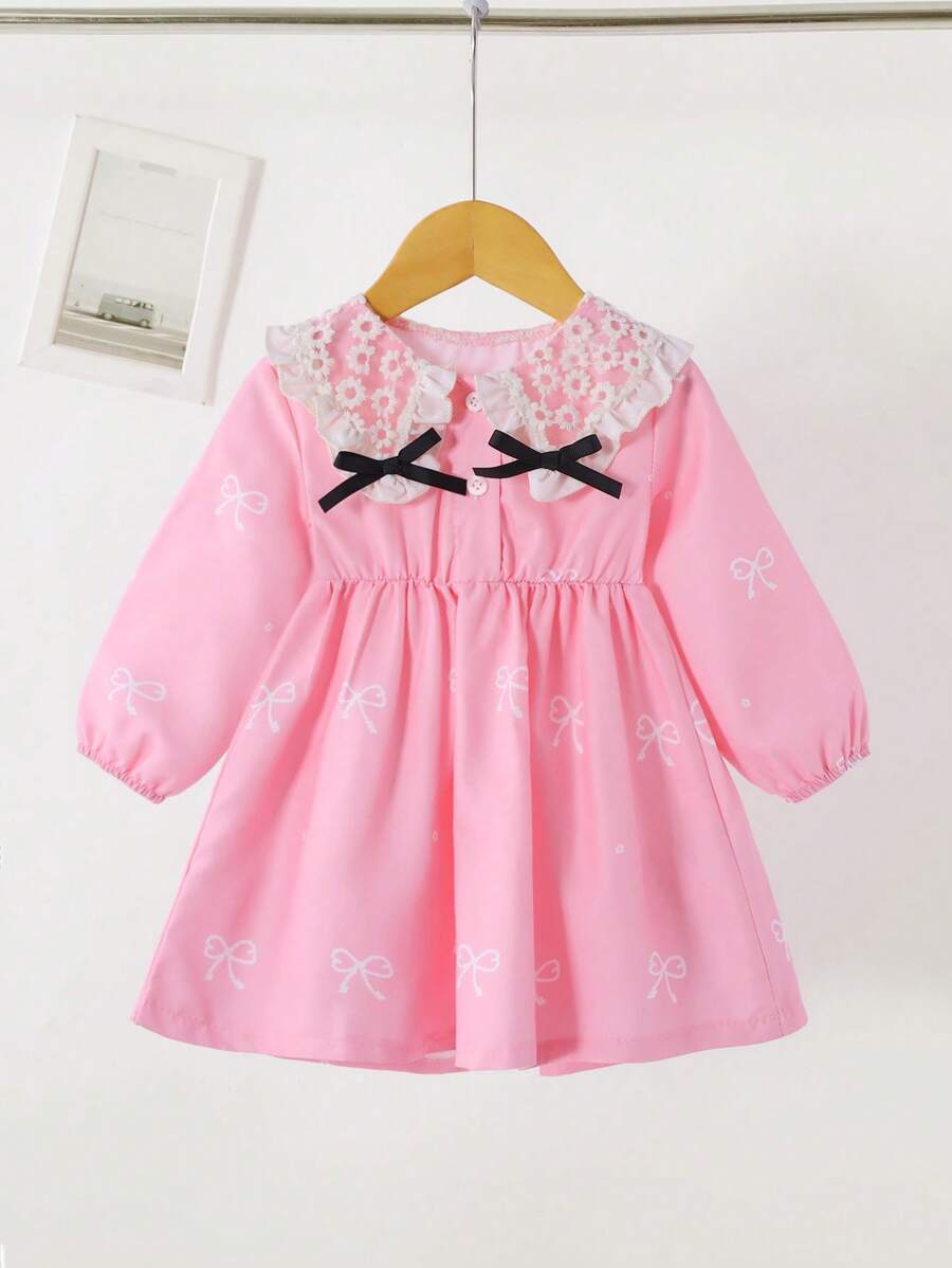 SHEIN Baby Girl 0-3Y Elegant Fashion Loose Bow Design Lace Floral Collar Pink Princess Dress, Autumn/Winter New