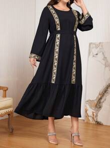 Al Najma Plus Size Long Sleeve Round Neck Ribbon Patchwork Elegant Party Dress Maxi Women Outfit