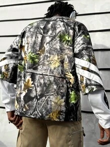 Men's Round Neck Splicing Camo Tree Branch & Oversized Numeral Print Sweatshirt, Street Fashion - Multicolor - View 2