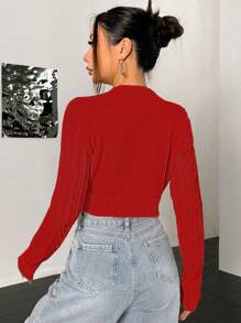 Flirla 女士纯色麻花针织长袖休闲毛衣上衣，新年针织套头衫，秋冬季款 - 紅色 - 查看 2