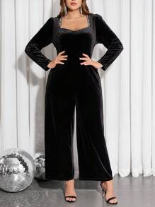 SHEIN Clasi Plus Size Women Party Elegant Black Velvet Sweetheart Neck Chain Rhinestone Decorated Long Sleeve Jumpsuit, Autumn