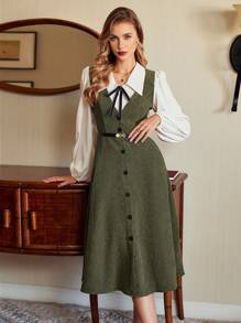 Vintamour Vintage elegantes Damenkleid aus Cord mit Einsätzen, Hemdkleid, Tankkleid mit Tasche, Schleife, Gürtel, V-Ausschnitt, Knopfdekor, hoher Bund, lässiges Regenschirmkleid für den Weg zur Arbeit, A-Linie, langes Kleid für Festivals, Winterkleidung für Frauen, langärmliges Kleid, Neujahrskleider für Damen, elegante Winterkleide für Weihnachten, Damen-Outfit, Urlaubspartykleid