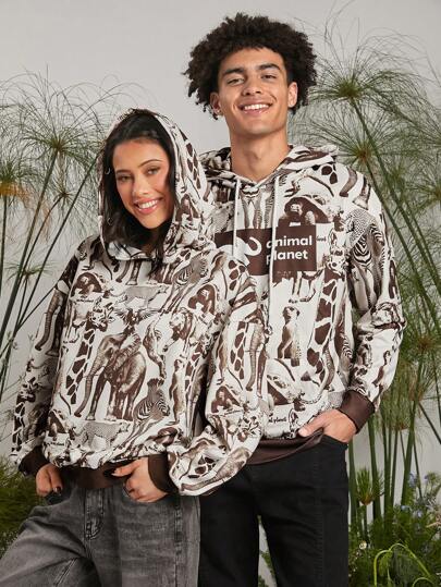 Animal Planet X SHEIN 男士休闲宽松针织动物印花连帽运动衫，秋冬