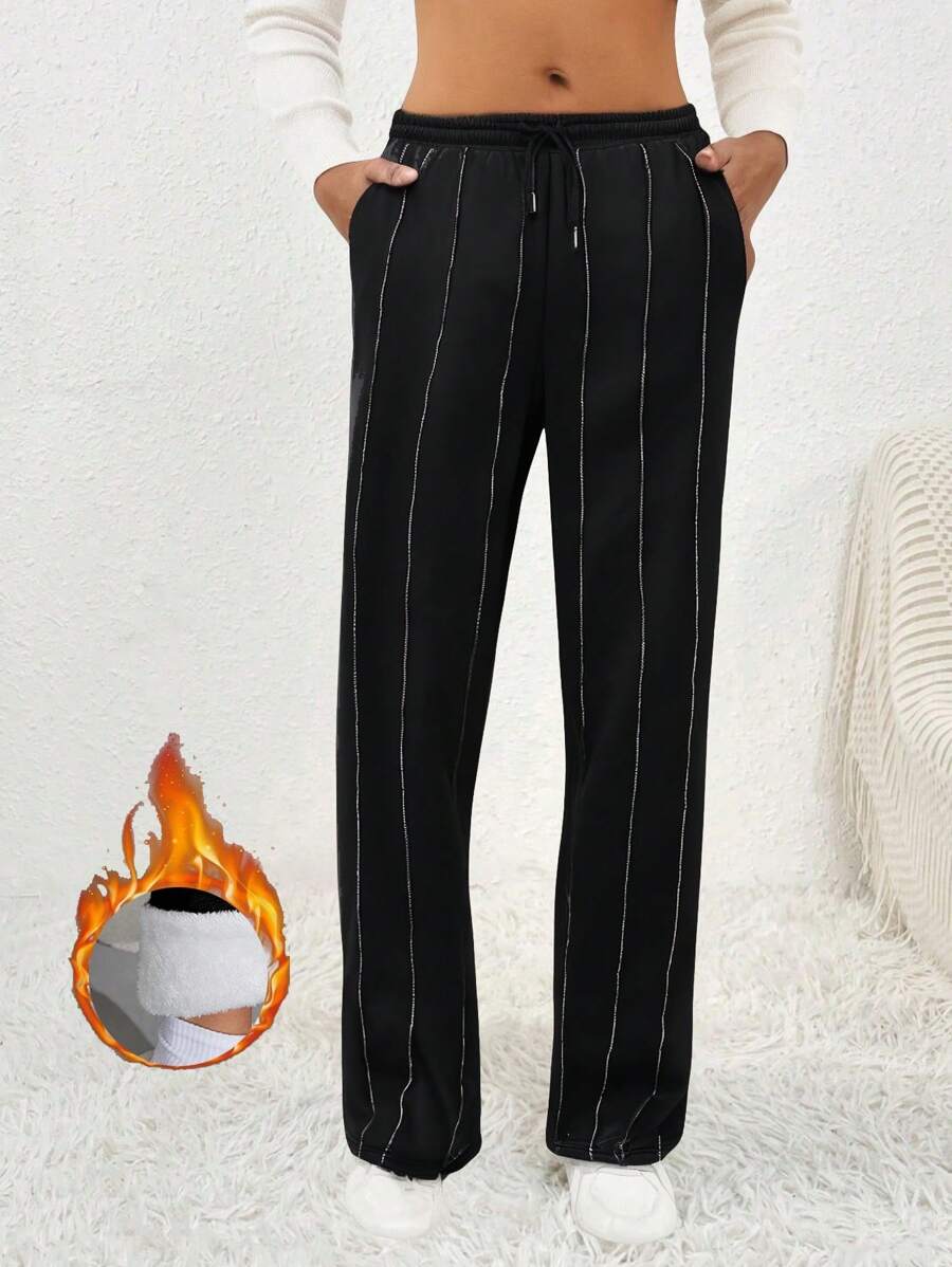 Flirla Quần nỉ ống đứng hở lưng vải nỉ màu xám, dây rút, buộc vạt, đường may cũ kỹ, quần nỉ thường ngày - màu đen - Xem 1