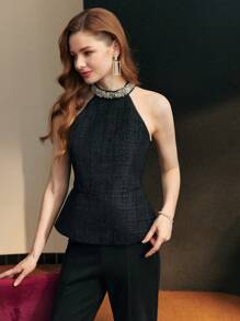 MOTF PREMIUM ÁO BLOUSE CỔ HỞ KHÔNG TAY ĐÁ NHỰA - màu đen - Xem 5