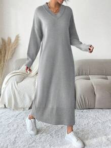 EURMUSE Solid Color V-Neck Drop Shoulder Sweater Dress - Grey - View 3