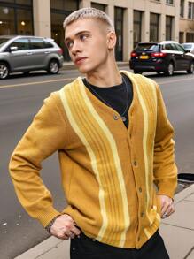 Manfinity Hypemode 男士休闲日常拼色纽扣前开衫，秋冬外出落肩厚实休闲拼色开衫，送给老公、男朋友的礼物 - 彩色 - 查看 4