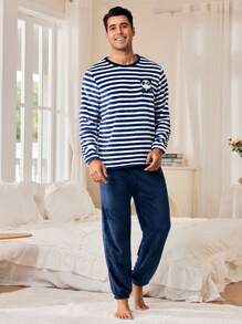 Men's Panda Embroidery Blue & White Striped Loungewear Set - Multicolor - View 4