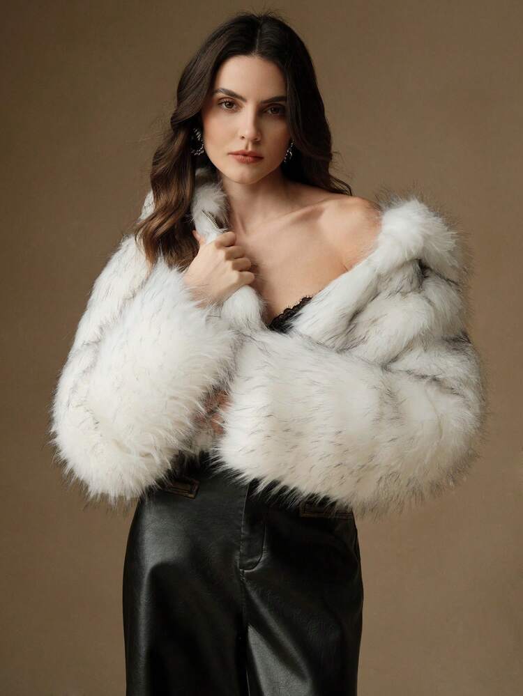 Women's Gradient Elegant Faux Fur Hooded Short Jacket, New Year's Women For Holiday Party