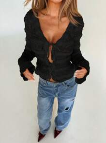 Aloruh 女士性感时尚前系蝴蝶结透明长袖衬衫 - 黑色 - 查看 5