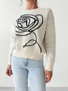 Firerie 女士优雅玫瑰花朵图案宽松卡其色毛衣，休闲通勤风格，秋冬 - 杏色 - 查看 5