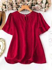 Celure Plus Size Solid Color Round Neck Short Sleeve Swiss Dot Casual Shirt For New Year Clothes - Red - View 2