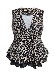 SHEIN Clasi Plus Size Leopard Print Wrap Front Sleeveless Blazer With Ruffle Hem - Coffee Brown - View 1