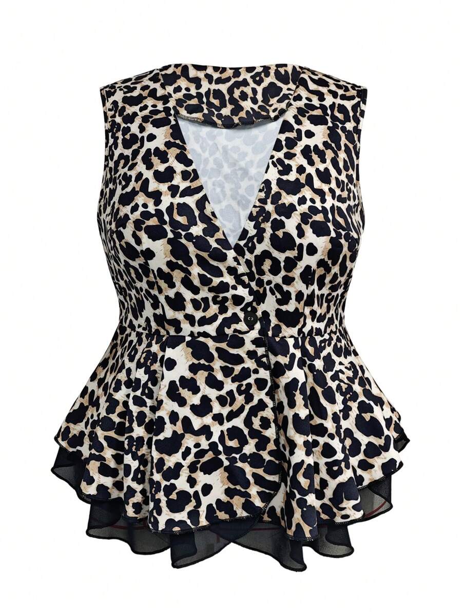 SHEIN Clasi Plus Size Leopard Print Wrap Front Sleeveless Blazer With Ruffle Hem - Coffee Brown - View 1