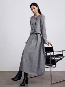 Heiryn 女装秋季双排扣圆领长袖夹克和吊带连衣裙优雅两件套 - 灰色 - 查看 2