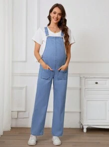 SHEIN 孕妇宽松系带纽扣口袋休闲连体裤，日常休闲装 - 淺色水洗藍 - 查看 4