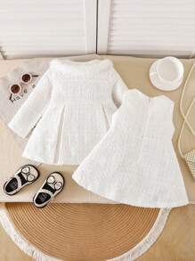 SHEIN 2pcs/Set Baby Girl Cute White Plaid Sleeveless Dress & Jacket, Autumn/Winter - Apricot - View 2
