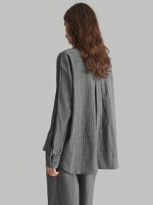 Ontre Koszula damska damska 2025 New Casual Urban Style Chinese Collar Striped Element Wiosna/Lato Szara Luźna Regularna, Uniwersalna Codzienna Moda