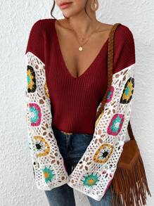 SHEIN VCAY Women's Floral Pattern Oversized Drop Shoulder Long Sleeve Sweater, Autumn/Winter - Red - View 4