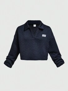 2pcs Tween Girls Quilted Collar Long Sleeve Top And Tapered Leg Pants Set - Navy Blue - View 8