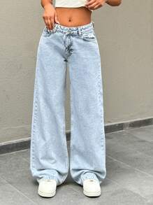 EURMUSE Low Waist Pocket Ripped Detailed Wide Leg Jean - Medium Wash - View 6