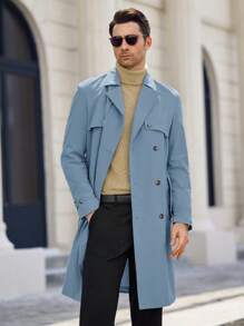 Manfinity VCAY Men's Mid-Length Trench Coat, Suitable For Everyday Wear, Autumn/Winter Men Long Coat Men Navy Blue 2 Piece Set Men Trench Coat Royal Blue Men Clothes Dusty Blue Shirt Dress For Men - Blue - View 3