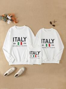 SHEIN Baby Boys Italy Flag & Text Print Warm Waffle Knit Crew Neck Long Sleeve Sweatshirt, Family Matching Outfits Mommy And Me (3 Pieces Sold Separately) - White - View 1